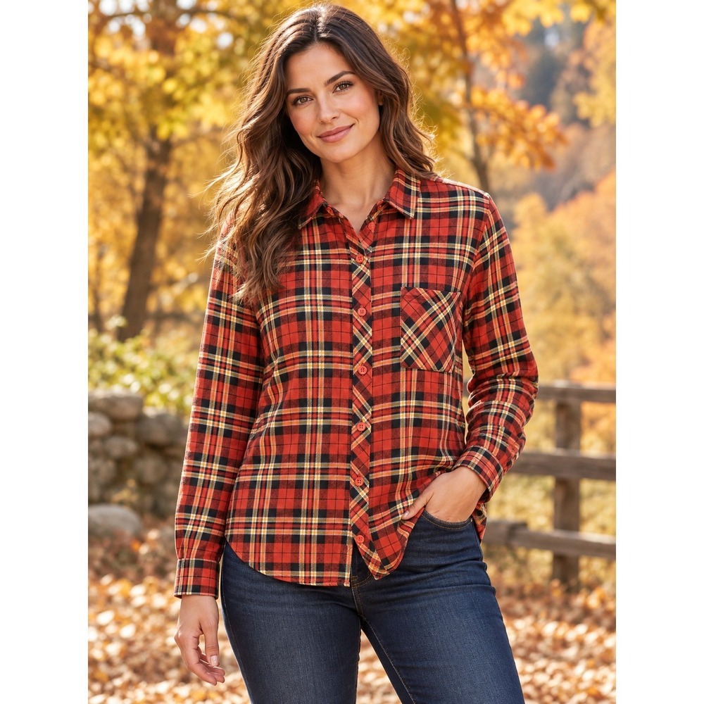 Time & Tru Spiced Cider Plaid Shirt Rayon Womens Large 12-14 Rustic Cabin Fall